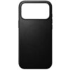 Czarne etui wykonane z gładkiej skóry, przeznaczone do telefonu, z dużym otworem na aparat w górnej części. Produkt jest prosty i elegancki, bez widocznych napisów ani logo.