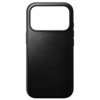 Czarne etui wykonane z gładkiej skóry, z dużym otworem na aparat w górnej części. Produkt ma minimalistyczny design i jest przeznaczony do telefonu.