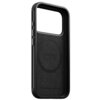 Czarne etui na telefon z wycięciem na aparat, wykonane z materiału przypominającego skórę, z widocznym napisem "NOMAD Horween Leather Co." w centralnej części wnętrza. Na bocznej krawędzi znajdują się przyciski oraz logo "NOMAD".