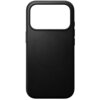 Czarne etui wykonane z gładkiej skóry, z dużym wycięciem na aparat w górnej części. Produkt ma minimalistyczny design, bez widocznych napisów ani logo.