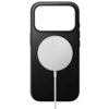 Czarne etui na telefon z dużym, okrągłym elementem MagSafe na środku, do którego podłączony jest biały kabel. Produkt ma prostokątny otwór na aparat w górnej części.