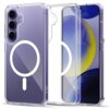 Przezroczyste etui Tech-Protect Flexair Hybrid MagSafe do Samsung Galaxy S25 FE, z widocznym okrągłym wzorem na tylnej części, jest przedstawione obok telefonu z wyświetlaczem pokazującym abstrakcyjną grafikę w odcieniach niebieskiego i żółtego. Na etui w