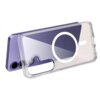 Przezroczyste etui Tech-Protect Flexair Hybrid MagSafe do Samsung Galaxy S25 FE jest pokazane na tle fioletowego telefonu, z widocznym okrągłym wzorem na środku. Etui ma wycięcia na aparat i przyciski, a na telefonie widoczne są dwa obiektywy aparatu i la