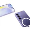 Przezroczyste etui na telefon z trzema widocznymi aparatami i okrągłym wzorem na tylnej części, obok smartfona z kolorowym ekranem. Produkt to "ETUI TECH-PROTECT Flexair Hybrid MagSafe do Samsung Galaxy S25 FE Przezroczysty".