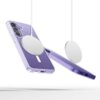Przezroczyste etui Tech-Protect Flexair Hybrid MagSafe do Samsung Galaxy S25 FE jest pokazane z przodu i z boku, z widocznym okrągłym elementem MagSafe przymocowanym do tylnej części. Etui ma fioletowy odcień, a w tle widać dwa białe, okrągłe elementy zaw