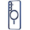 Granatowe etui TECH-PROTECT MagFlex MagSafe do Samsung Galaxy FE z wycięciami na aparat i okrągłym wzorem na środku. Etui ma smukły design i jest przeznaczone do użytku z technologią MagSafe.