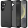 Czarne, matowe etui TECH-PROTECT MagMat do Samsung Galaxy S25 FE, ukazane z przodu i z tyłu, z widocznymi wycięciami na aparat i przyciski. Na etui znajduje się napis "SAMSUNG" oraz logo "TECH-PROTECT".