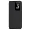 Czarne matowe etui TECH-PROTECT Smart Wallet do Samsung Galaxy S25 FE z wycięciem na ekran, na którym widoczna jest godzina 12:45 oraz data "Mon, 28". W dolnej części etui znajduje się logo "TECH PROTECT".