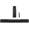 Czarny soundbar z napisem "SHARP" na środku, obok bezprzewodowy subwoofer oraz pilot zdalnego sterowania. Produkt opisany jako "Soundbar SHARP HT-SBW312 Czarny 2.1-kanałowy, Bezprzewodowy Subwoofer, HDMI eARC, Dolby Atmos, Bluetooth, Korektor EQ".