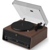 Brązowy gramofon z otwartą przezroczystą pokrywą, posiada czarny talerz i ramię, a na przednim panelu widoczne są przyciski oraz wyświetlacz z godziną "12:38". Na froncie znajduje się logo "PHILIPS".