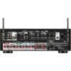 Tył amplitunera z różnorodnymi złączami, w tym HDMI, audio, antenowymi i sieciowymi, z widocznymi oznaczeniami "Dolby Vision", "Dolby Atmos", "dts:X" oraz "DENON AVR-X1800H". Na dole znajdują się kolorowe złącza głośnikowe oznaczone jako "FRONT", "CENTER"