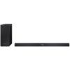 Czarny soundbar i bezprzewodowy subwoofer marki Sharp. Na soundbarze widoczny jest napis "ATMOS".