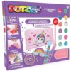 Fioletowe opakowanie zestawu kreatywnego "DIAMOND DOTZ Dotzies Sparkling Unicorn 018-DTZ10012" z kolorowym napisem "DOTZIES" i hasłem "IT'S SPARKLE TIME!" zawiera ilustracje jednorożca, tęczy i instrukcje w trzech krokach: "EASY & FUN!", "DIP...", "DOT...