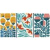 Na zdjęciu znajduje się zestaw kreatywny DIAMOND DOTZ Dotz Decor Modern Floral Triptych DBX4.006, przedstawiający trzy panele z motywami kwiatowymi w kolorach żółtym, pomarańczowym, różowym i niebieskim. Każdy panel zawiera różnorodne wzory roślinne, wyko