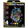 Opakowanie zestawu kreatywnego "DIAMOND DOTZ Adults Flocked Wild Neon DTZ4.006" przedstawia kolorowy obrazek głowy zwierzęcia wykonany z diamentowych kropek. Na opakowaniu widnieje napis "DOTZIES FLOCK", "4 Pack", "DIAMOND DOTTING KIT" oraz "Feel the FLOC