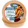 Na zdjęciu widoczne są papierowe foremki do frytkownicy powietrznej z napisem "Vilde" oraz informacjami: "AIR FRYER PAPER LINER", "Ø23cm", "100pcs". W tle znajduje się zdjęcie frytek i skrzydełek kurczaka, a poniżej ikony z oznaczeniami "OVEN" i "MICROWAV