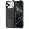 Przezroczyste etui z czarnymi elementami i wzorem plastra miodu, z widocznym logo "AMG" na środku, przeznaczone do telefonu Apple iPhone 17 Pro Max. Etui posiada wycięcia na przyciski i aparat oraz jest kompatybilne z MagSafe.