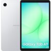Na zdjęciu widoczny jest srebrny tablet z wyświetlaczem, na którym widać zielone okręgi na jasnym tle oraz napis "Galaxy Tab A11". Obok ekranu znajduje się tył urządzenia z logo "SAMSUNG" i pojedynczym obiektywem kamery.