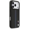 Czarne etui na telefon z perforowanym niebieskim paskiem i kolorowym logo w dolnej części. Etui posiada wycięcia na aparat i przyciski boczne.