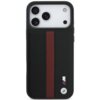 Czarne etui na telefon z czerwonym perforowanym paskiem pośrodku oraz logo BMW M w dolnej części. Etui jest przeznaczone do modelu Apple iPhone 17 Pro Max i posiada wycięcia na aparat oraz inne elementy telefonu.