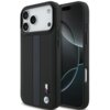 Etui na telefon w kolorze niebieskim z perforowanym paskiem i logo BMW M, zaprojektowane dla Apple iPhone 17 Pro Max, widoczne z przodu i z tyłu. Na etui znajduje się charakterystyczne logo BMW M z kolorowymi paskami.