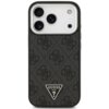 Czarno-srebrne etui na telefon z trzema wycięciami na aparaty, ozdobione wzorem 4G i trójkątnym logo z napisem "GUESS U.S.A." na dole. Etui ma teksturę przypominającą tkaninę i jest przeznaczone do modelu Apple iPhone 17 Pro.
