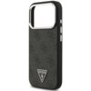 Czarno-srebrne etui na telefon z teksturowanym wzorem i trójkątnym logo z napisem "GUESS U.S.A." na dole. Etui posiada wycięcie na aparat oraz dwa srebrne przyciski z boku.