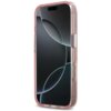 Różowe etui na telefon z przezroczystymi elementami, zaprojektowane dla modelu Apple iPhone 17 Pro Max, z widocznymi przyciskami bocznymi. Na ekranie telefonu widoczny jest abstrakcyjny wzór z ciemnymi i jasnymi okręgami.
