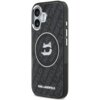 Czarne etui na telefon z logo KARL LAGERFELD, ozdobione wzorem w postaci powtarzającego się napisu "KARL LAGERFELD" oraz grafiką kota w okularach przeciwsłonecznych w centralnej części. Na boku etui widoczne są przyciski, a wokół aparatu znajduje się wyci