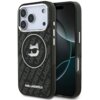 Czarne etui na telefon z logo KARL LAGERFELD, ozdobione wzorem z napisem "KARL LAGERFELD" oraz grafiką kota w okularach przeciwsłonecznych. Etui jest dopasowane do telefonu z trzema widocznymi obiektywami aparatu.