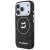 Czarne etui na telefon z logo KARL LAGERFELD, ozdobione wzorem z napisem "KARL LAGERFELD" oraz grafiką kota w okularach przeciwsłonecznych. Etui jest przeznaczone do modelu Apple iPhone 17 Pro i posiada funkcję MagSafe.
