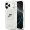 Przezroczyste etui na telefon z nadrukiem postaci w okularach przeciwsłonecznych oraz tekstem "KARL LAGERFELD" na dole. Etui posiada wycięcia na aparat i przyciski, a w tle widoczny jest ekran telefonu.