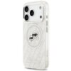 Przezroczyste etui na telefon z trzema wycięciami na aparaty, ozdobione wzorem z napisami "KARL LAGERFELD" oraz grafiką dwóch postaci w okularach przeciwsłonecznych. Na dole etui widnieje napis "KARL LAGERFELD".