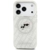 Przezroczyste etui na telefon z wzorem w postaci białych napisów "KARL LAGERFELD" oraz grafiką przedstawiającą postać w okularach przeciwsłonecznych i kota. Na dole etui znajduje się napis "KARL LAGERFELD".