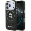Czarne etui na telefon z logo KARL LAGERFELD, ozdobione wzorem z powtarzającym się napisem "KARL LAGERFELD" oraz grafiką głowy w okularach przeciwsłonecznych. Etui jest dopasowane do modelu telefonu z trzema obiektywami aparatu.