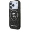 Czarne etui na telefon z logo KARL LAGERFELD, ozdobione wzorem z powtarzającym się napisem "KARL LAGERFELD" oraz grafiką głowy w okularach przeciwsłonecznych. Etui posiada wycięcia na aparat i przyciski boczne.