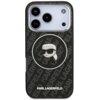 Czarne etui na telefon z nadrukiem postaci w okularach przeciwsłonecznych, otoczonej białym okręgiem, na tle z powtarzającym się napisem "KARL LAGERFELD". Na dole etui znajduje się biały napis "KARL LAGERFELD".