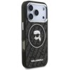 Czarne etui na telefon z nadrukiem postaci w okularach przeciwsłonecznych i napisem "KARL LAGERFELD" na dole. Tło etui pokryte jest powtarzającym się wzorem z napisem "KARL LAGERFELD".