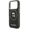 Czarne etui na telefon z logo "KARL LAGERFELD" oraz grafiką przedstawiającą stylizowaną postać w okularach przeciwsłonecznych. Tło etui pokryte jest powtarzającym się wzorem z napisem "KARL LAGERFELD".