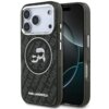 Czarne etui na telefon z logo "KARL LAGERFELD" i wzorem przedstawiającym dwie postacie w okularach przeciwsłonecznych. Etui ma błyszczące wykończenie i jest przeznaczone do modelu Apple iPhone 17 Pro.