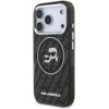 Czarne etui na telefon z brokatowym wykończeniem, ozdobione wzorem z napisami "KARL LAGERFELD" oraz grafiką dwóch postaci w okularach przeciwsłonecznych. Na dole etui widnieje biały napis "KARL LAGERFELD".