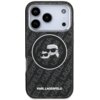 Czarne etui na telefon z przezroczystymi elementami, ozdobione wzorem z logo "KARL LAGERFELD" oraz grafiką przedstawiającą dwie postacie w okularach przeciwsłonecznych. Na dole widoczny jest napis "KARL LAGERFELD".