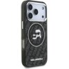 Czarne etui na telefon z brokatowym wykończeniem, ozdobione wzorem z napisami "KARL LAGERFELD" oraz grafiką dwóch postaci w okularach przeciwsłonecznych. Na dole widoczny jest biały napis "KARL LAGERFELD".