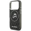 Czarne etui na telefon z brokatowym wykończeniem, ozdobione grafiką dwóch postaci w okularach przeciwsłonecznych w okręgu oraz powtarzającym się napisem "KARL LAGERFELD" w tle. Na dole etui widnieje biały napis "KARL LAGERFELD".