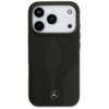 Czarne etui na telefon z trzema widocznymi obiektywami aparatu oraz logo Mercedes umieszczonym na dole. Etui ma elegancki, minimalistyczny design z subtelnymi wzorami.