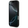 Czarne etui na telefon z logo "MERCEDES" widoczne na górnej części, z wycięciami na przyciski i aparat. Na ekranie telefonu widoczny jest abstrakcyjny wzór z ciemnymi okręgami.
