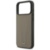 Etui do telefonu w kolorze taupe z czarnymi bokami, posiada wytłoczone wzory oraz metalowe logo w kształcie trójramiennej gwiazdy. Na boku etui znajdują się trzy przyciski.