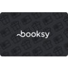 Karta podarunkowa z napisem "booksy" na ciemnym tle z wzorem przedstawiającym kontury prezentów.