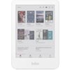 Biały czytnik e-booków z wyświetlaczem pokazującym okładki książek i informacje o postępie czytania, z widocznym logo "kobo" na dole. Na ekranie znajdują się tytuły książek, takie jak "The Spy in 3B" i "Murder Most Actual", oraz opcje menu nawigacyjnego, 