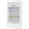 Biały czytnik e-booków z widocznym tekstem na ekranie, zawierającym tytuł "Chapter I" oraz fragmenty tekstu podkreślone w różnych kolorach. Na dole ekranu znajduje się napis "THOSE BARREN LEAVES 1 OF 395", a nad ekranem widoczny jest napis "CHAPTER 1 : 1 